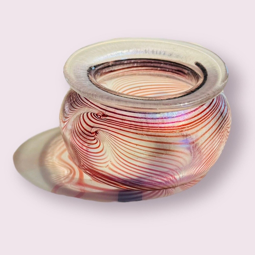 Erwin Eisch Studio Glass murano Vase Iridescent With Red Swirl